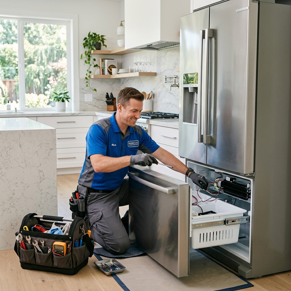 VK Electronics technician repairing an appliance in a modern kitchen